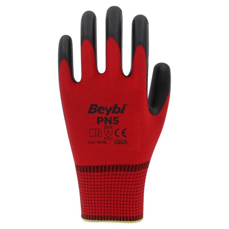 Beybi PN5 Polyester Örme Nitril Eldiven Kırmızı-Siyah
