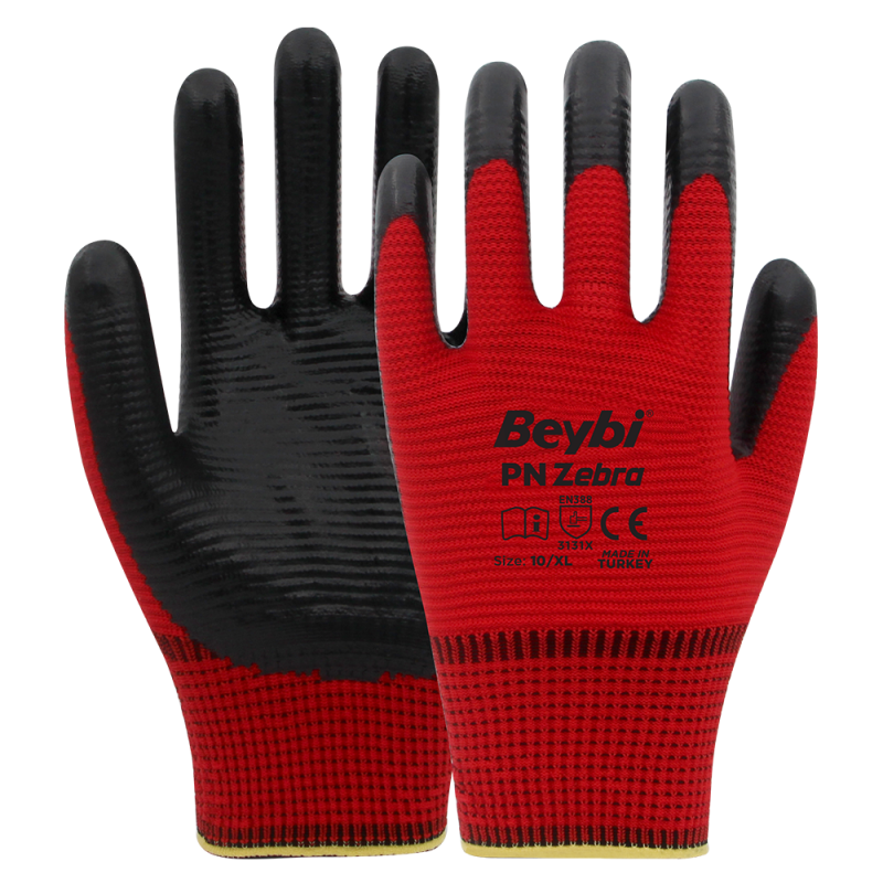 Beybi PN Zebra Yarı Nitril Kaplı Örgü Polyester Eldiven Siyah/Kırmızı